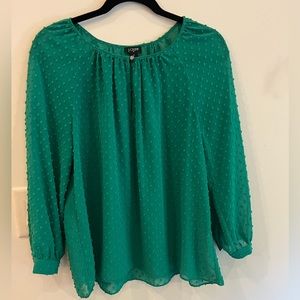 Green minky-dot three-quarter silk blouse.